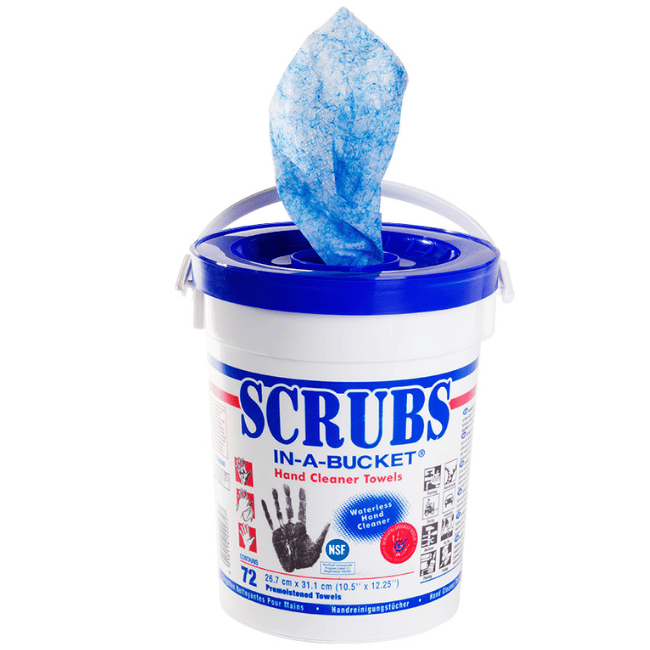 SCRUBS 042272 Lingettes nettoyantes pour les mains, sans eau, 72 pièces, seau de lingettes exfoliantes