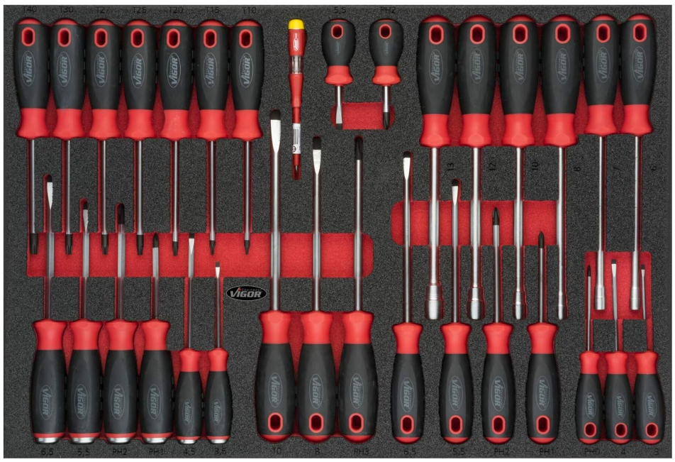 [V4230] VIGOR - Jeu de tournevis ∙ taille 0,5 x 3 – 1,6 x 10 mm · 6 – 13 mm · PH0 – PH3 · T10 – T40 ∙ 32 pièces