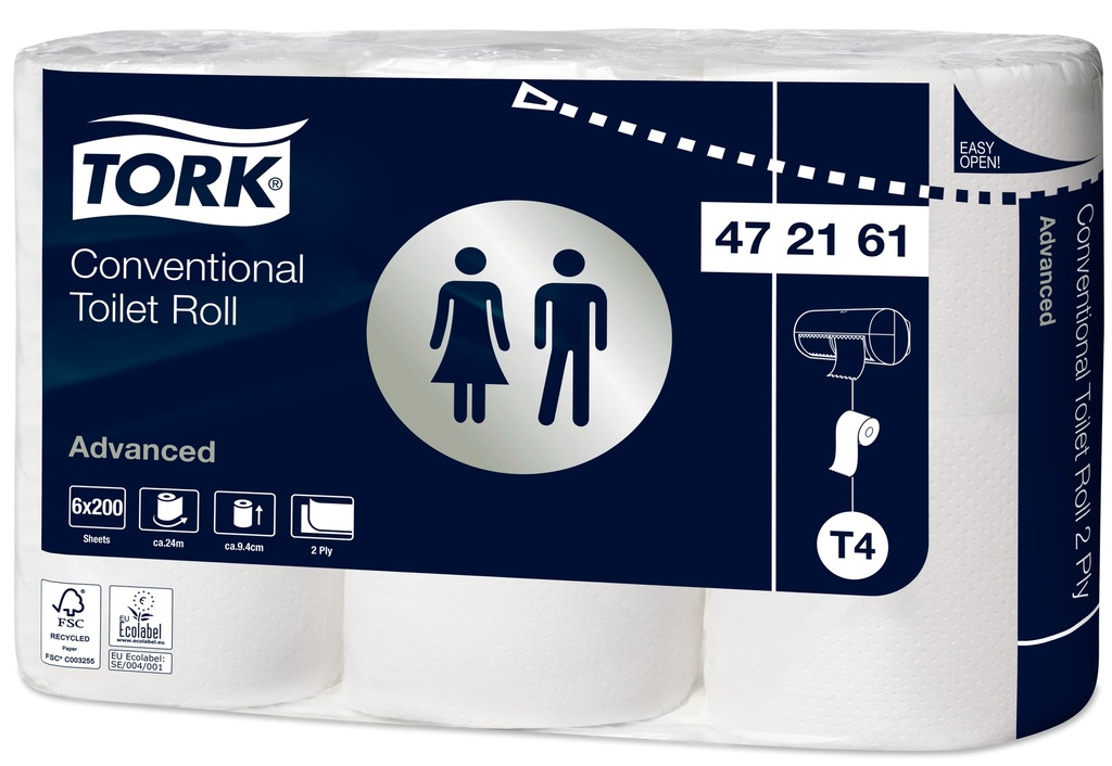 472161 Tork Papier Toilette 48 Rouleaux Traditionnel 2 plis Blanc 200 Coupons T4 Advanced (8 Unités / Colis) (40 Colis / Palette)