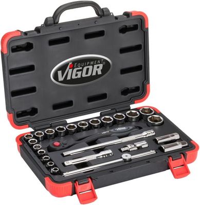 [V2460] [⚠Déstockage] VIGOR Jeu de clés à douilles ∙ V2460N ∙ Carré creux 1/2 pouce (12,5 mm) ∙ Profil à 6 pans extérieurs ∙ 25 pièces ∙ 10 – 32 ∙ Nombre d'outils : 25