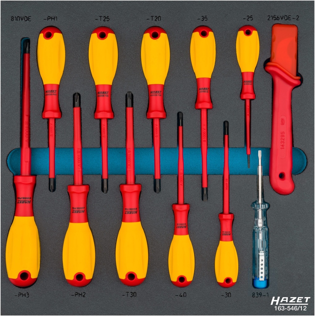 [163-546/12] HAZET Jeu de tournevis ∙ avec isolation de protection 163-546/12 ∙ Profil Phillips PH, Profil TORX® intérieur, Profil à fente ∙ 12 pièces ∙ 0,4 x 2,5 – 0,8 x 4 ∙ PH1 – PH2 ∙ T20 – T30