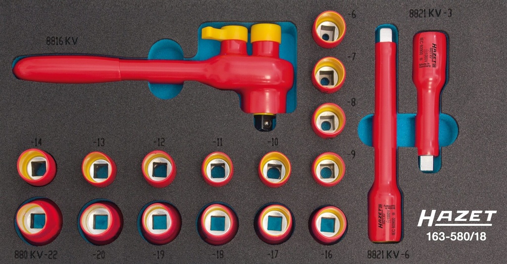 [163-580/18] HAZET Jeu de clés à douilles ∙ avec isolation de protection 163-580/18 ∙ Carré creux 3/8 pouce (10 mm) ∙ Profil Traction à 12 pans extérieurs ∙ 18 pièces ∙ 8 – 22