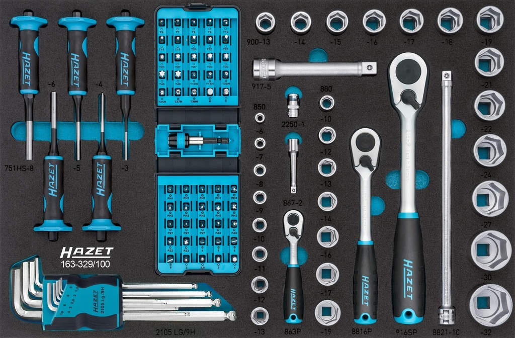 [163-329/100] HAZET Jeu d'outils 163-329/100 ∙ Carré creux 1/4 pouce (6,3 mm), Carré creux 3/8 pouce (10 mm), Carré creux 1/2 pouce (12,5 mm), Hexagone massif 1/4 pouce (6,3 mm) ∙ Profil Traction à 6 pans extérieurs, Profil Phillips PH, Profil Pozidriv PZ, Profil à fente, Profil TORX® « tamper résistant », Profil à 6 pans intérieurs ∙ 100 pièces ∙ 1,5 – 32 ∙ PH1 – PH3 ∙ PZ1 – PZ3 ∙ T6 – T40 ∙