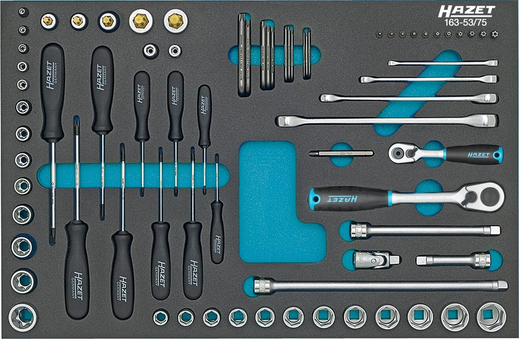 [163-53/75] HAZET Jeu d'outils 163-53/75 ∙ Carré creux 1/2 pouce (12,5 mm), Carré creux 3/8 pouce (10 mm), Carré creux 1/4 pouce (6,3 mm), Hexagone massif 1/4 pouce (6,3 mm) ∙ Profil TORX® extérieur, Profil TORX® « tamper résistant », Profil TORX® intérieur, Profil Traction à 6 pans extérieurs ∙ 75 pièces ∙ 10 – 22 ∙ E4 – E24 ∙ T6 – T60