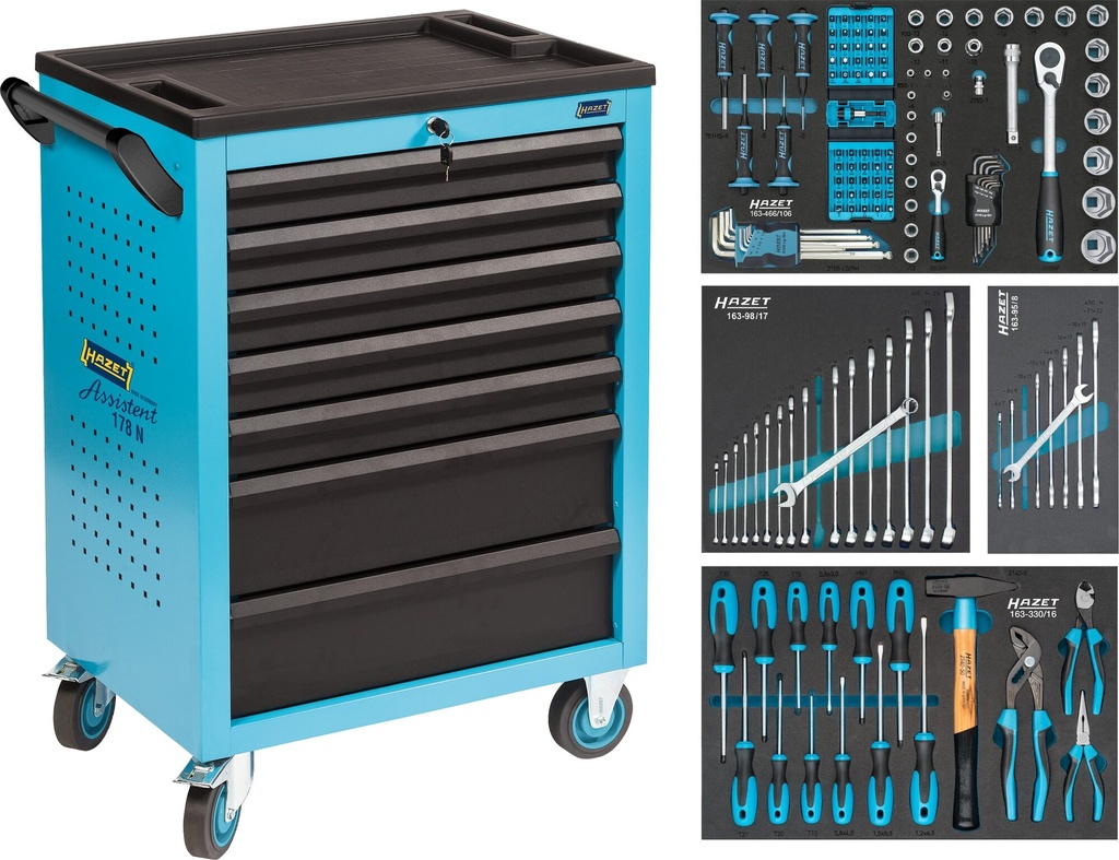 [178N-7/147] HAZET Servante d'atelier servante d'atelier Assistent 178N ∙ assortiment 178N-7/147 ∙ 147 pièces ∙ Tiroir, plat: 5× 80 x 527 x 348 mm ∙ Tiroir, haut: 2× 165 x 527 x 348 mm