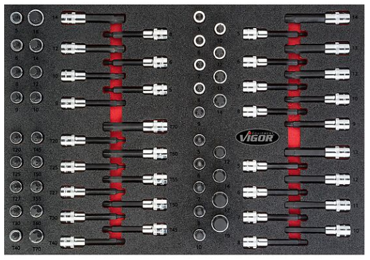 [V4753] VIGOR - Jeu de douilles mâles ∙ taille 5 – 19 mm · M5 – M16 · T20 – T70 ∙ 70 pièces