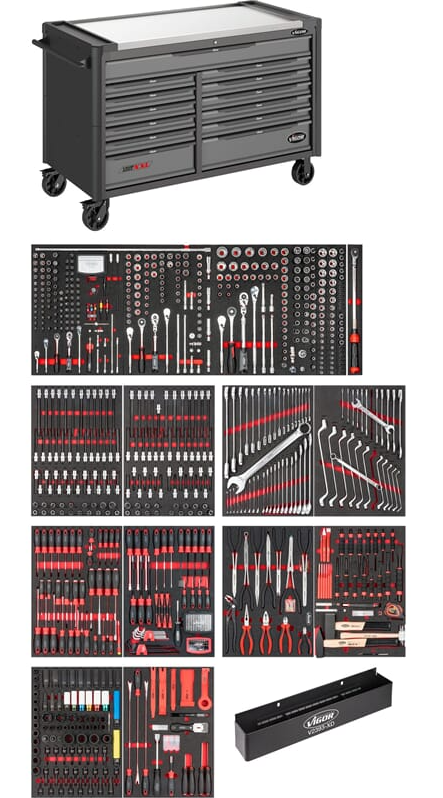 [V4481-XXL/929] VIGOR - Servante d'atelier séries XXL ∙ plateau de travail en acier inoxydable ∙ avec assortiment ∙ 929 pièces