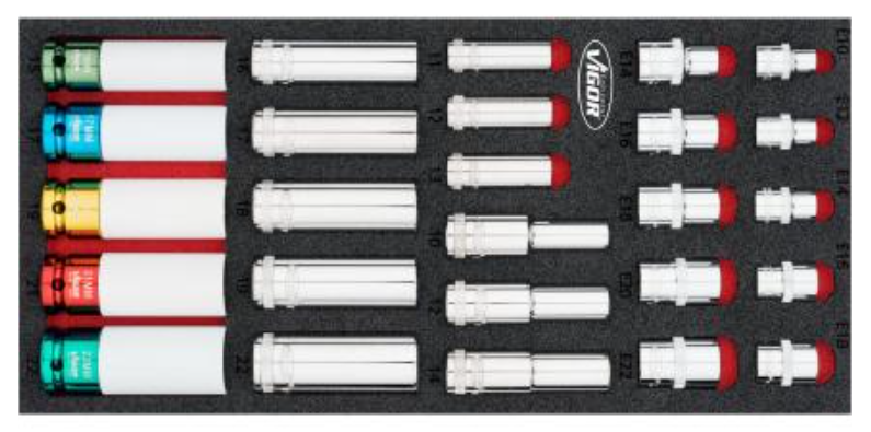 [V7323] VIGOR - Jeu de douilles ∙ taille 10 – 22 mm · E10 – E22 ∙ 26 pièces