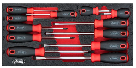VIGOR - Jeu de tournevis ∙ taille 0,6 x 3 – 1,6 x 10 mm · PH1 – PH3 ∙ 12 pièces