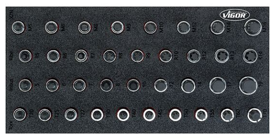 [V5099] VIGOR - Jeu de douilles mâles ∙ taille 5 – 19 mm · M5 – M16 · T20 – T70 ∙ 36 pièces