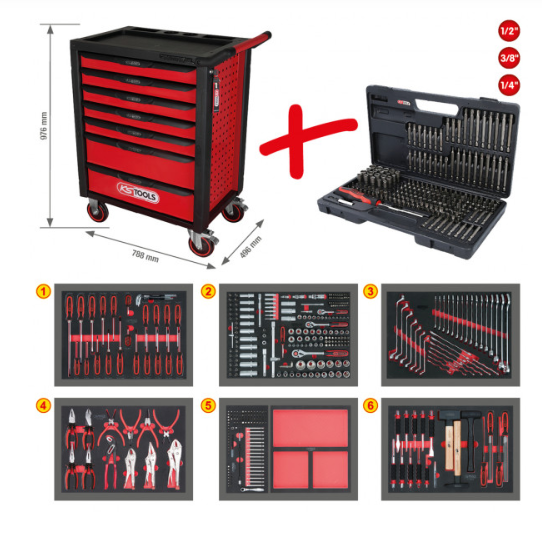 [826.7598] KSTools 826.7598 Servante d'atelier NOIR/ROUGE avec 7 tiroirs et 598 outils