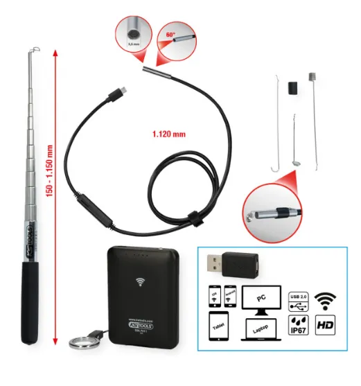 [5507510] KSTools 550.7510 Jeu vidéoscope Wifi avec sonde de caméra frontale Ø 5,5 mm 0° HD, 7 pcs