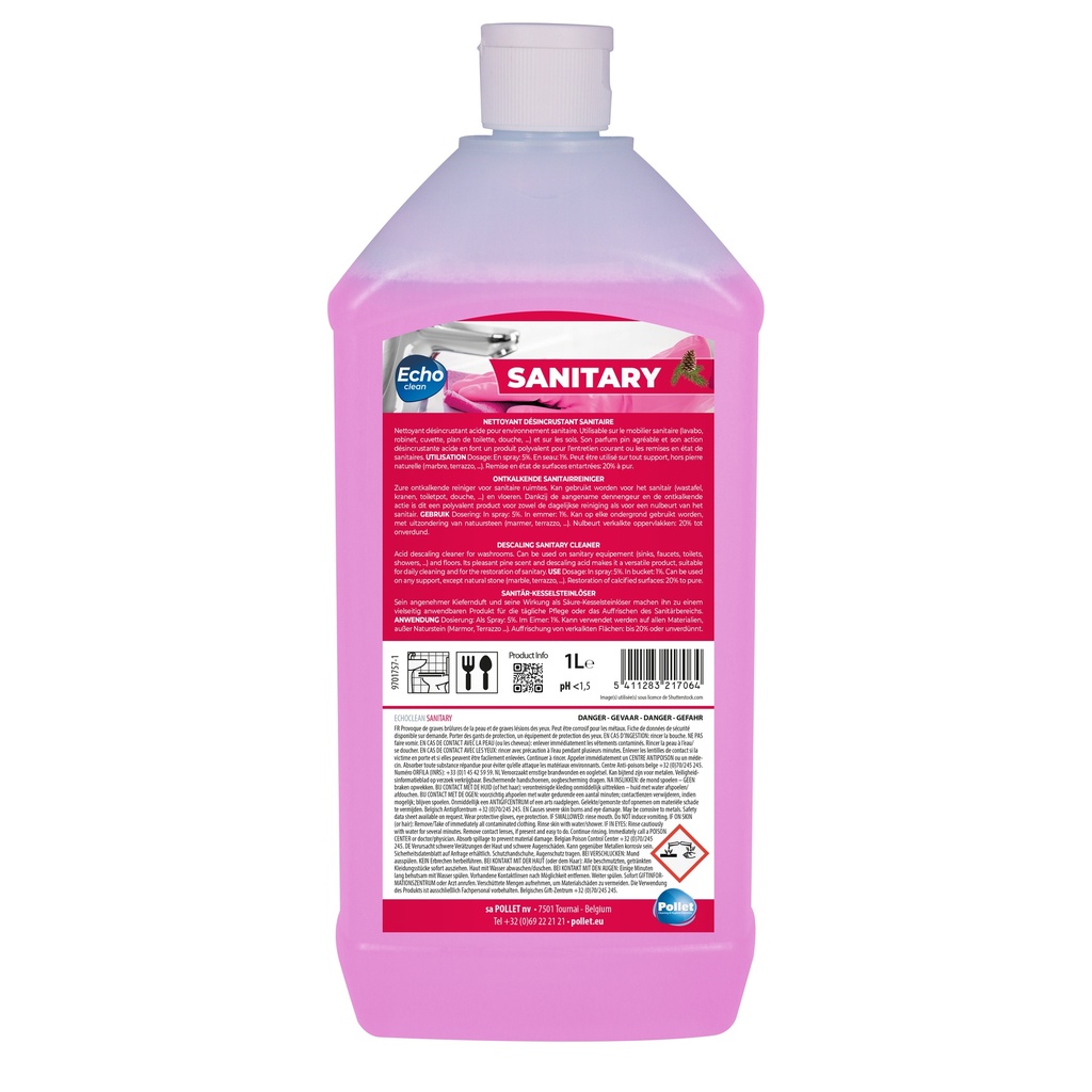 [2112670] ECHOCLEAN SANITARY (12 x 1L) Nettoyant désincrustant acide pour environnement sanitaire