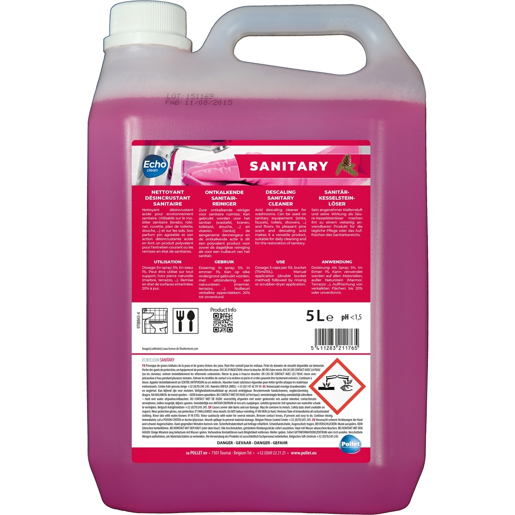 [2112617] ECHOCLEAN SANITARY 5L  Nettoyant désincrustant acide pour environnement sanitaire