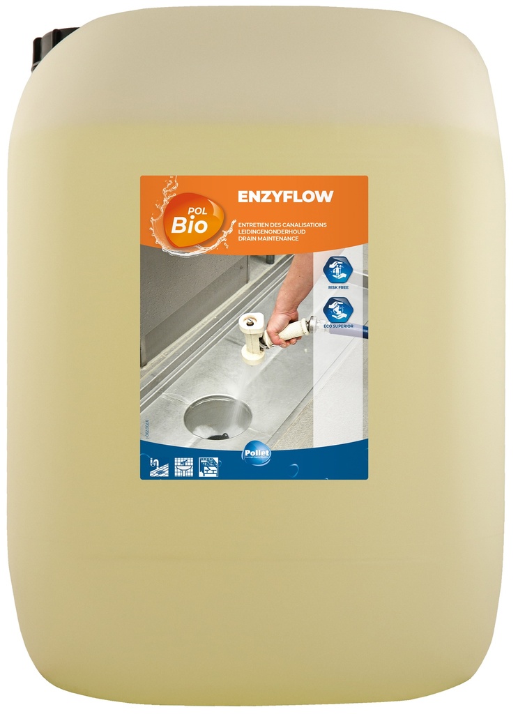 [2103357] POLBIO ENZYFLOW (20L) Nettoyant à base de bactéries concentré pour l'entretien des canalisations et la fluidification des bacs à graisse