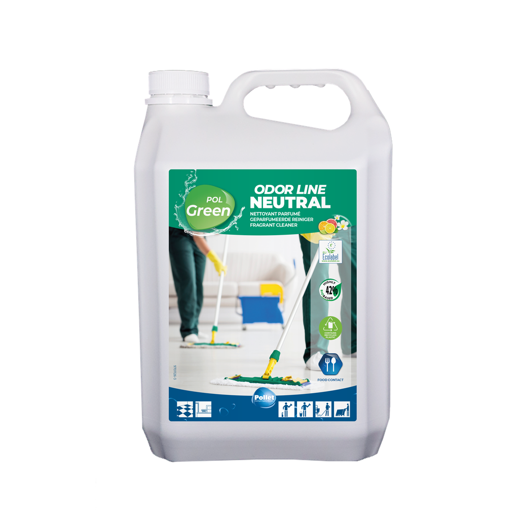 [2112558] POLGREEN ODOR LINE NEUTRAL (5L) Nettoyant écolabellisé neutre, fortement parfumé, pour le nettoyage et l'entretien manuel des sols brillants et des surfaces modernes