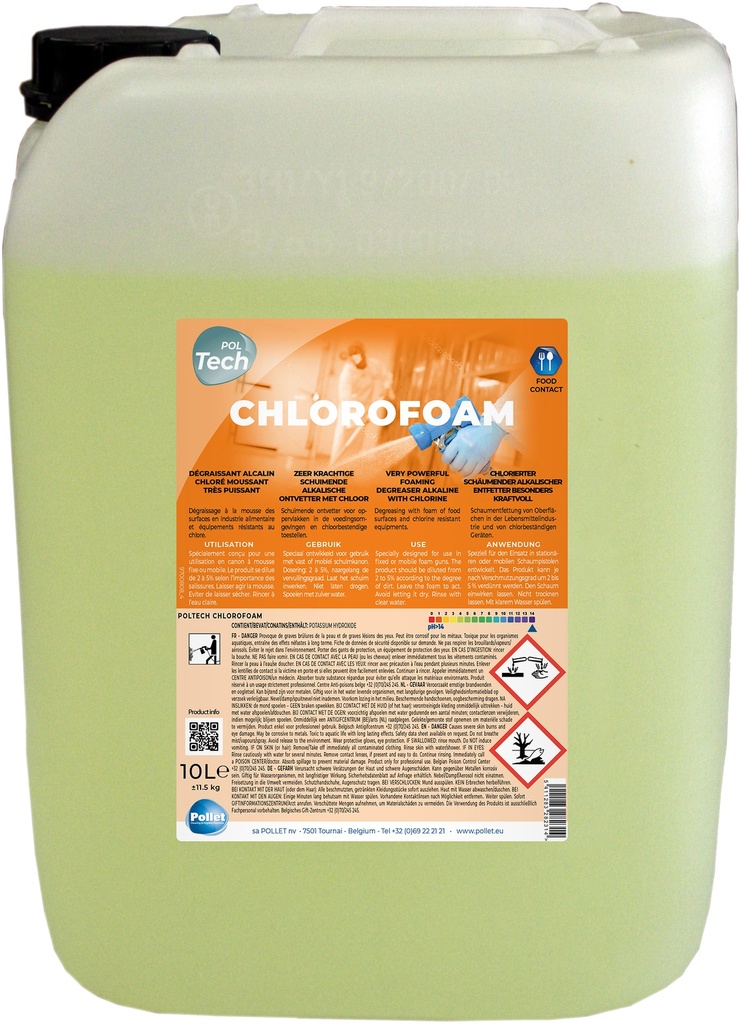 [2800123] POLTECH CHLOROFOAM (10L) Détergent moussant Chloré, spécifique Agro alimentaire