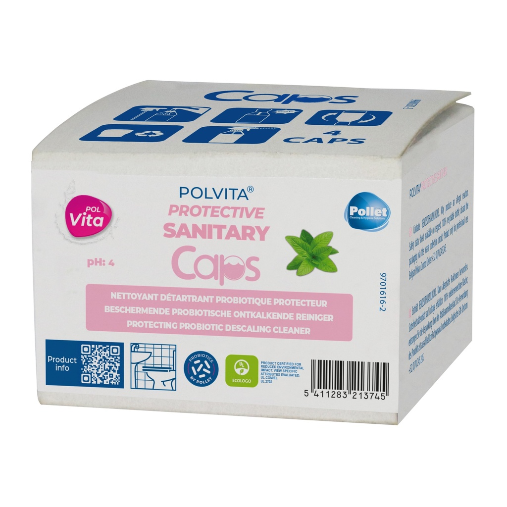 [2100073] POLVITA PROTECTIVE SANITARY CAPS (32 X 4 CAPS) Nettoyant détartrant écolabellisé, pour l'environnement sanitaire