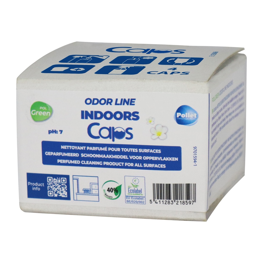 [2100473] POLGREEN ODOR LINE INDOORS CAPS (32 x 4 Caps 30ml) Nettoyant écolabellisé neutre, pour le nettoyage et l'entretien manuel des sols brillants et des surfaces modernes