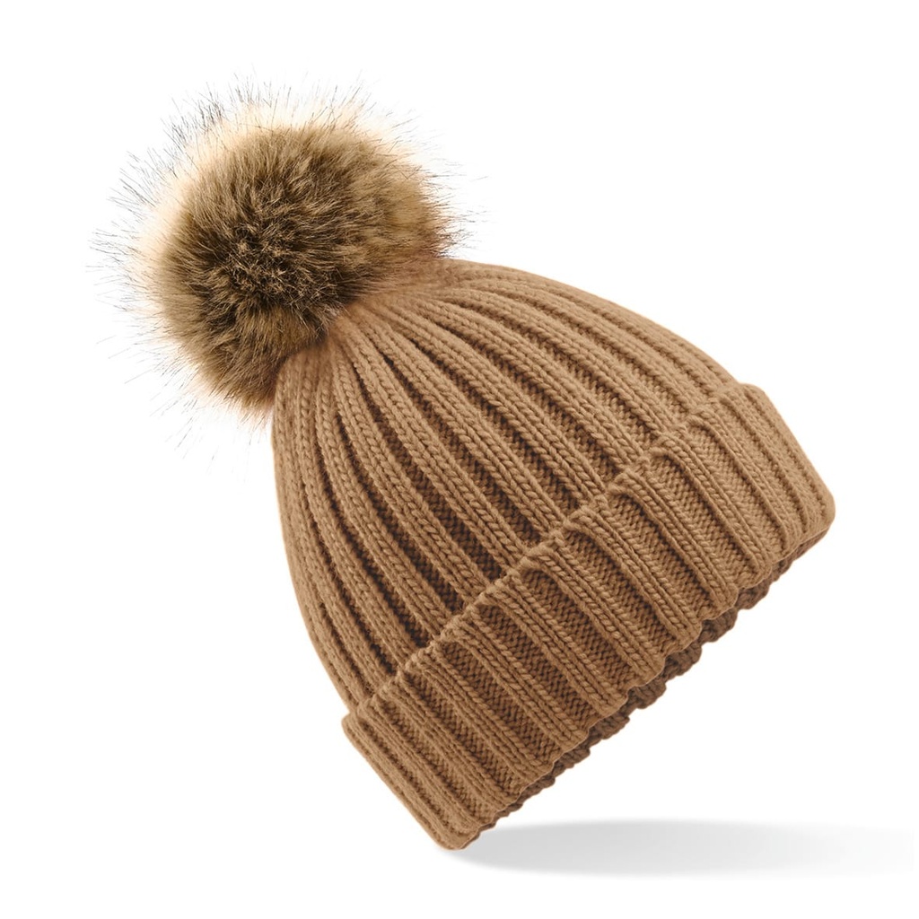 [B412-LightGrey-OneSize] B412 - Bonnet epais avec pompon en fausse fourrure - LightGrey