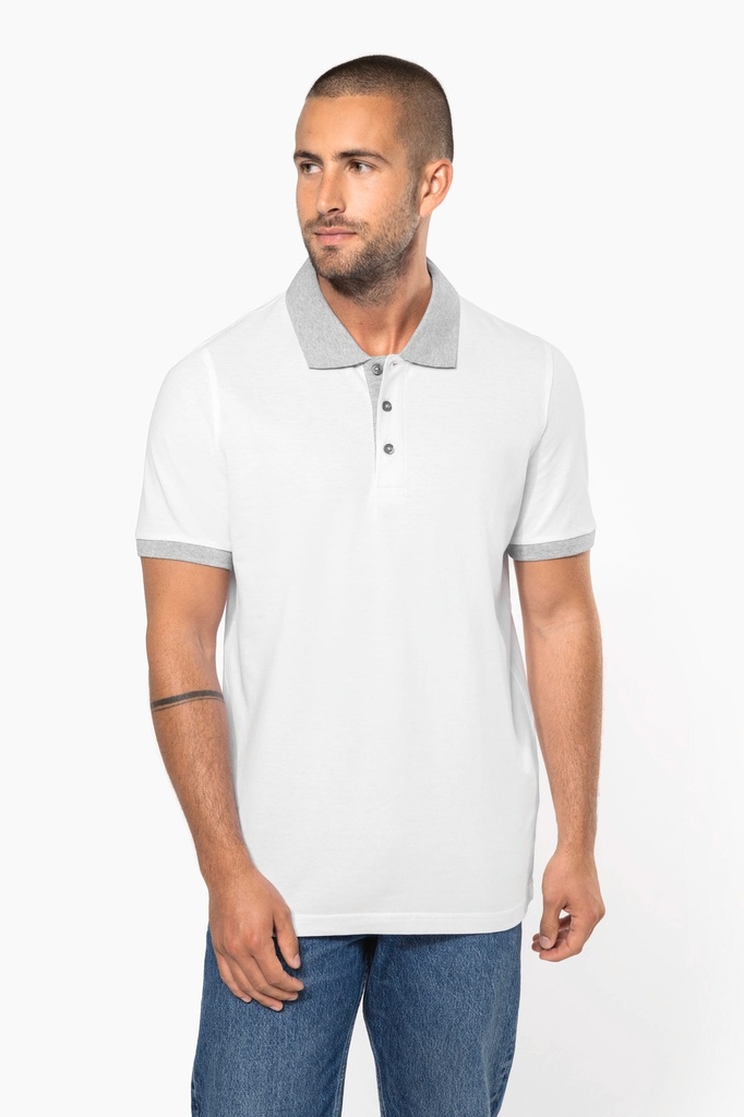 [K258-White_OxfordGrey-S] K258 - Polo piqué bicolore homme - White_OxfordGrey (S)