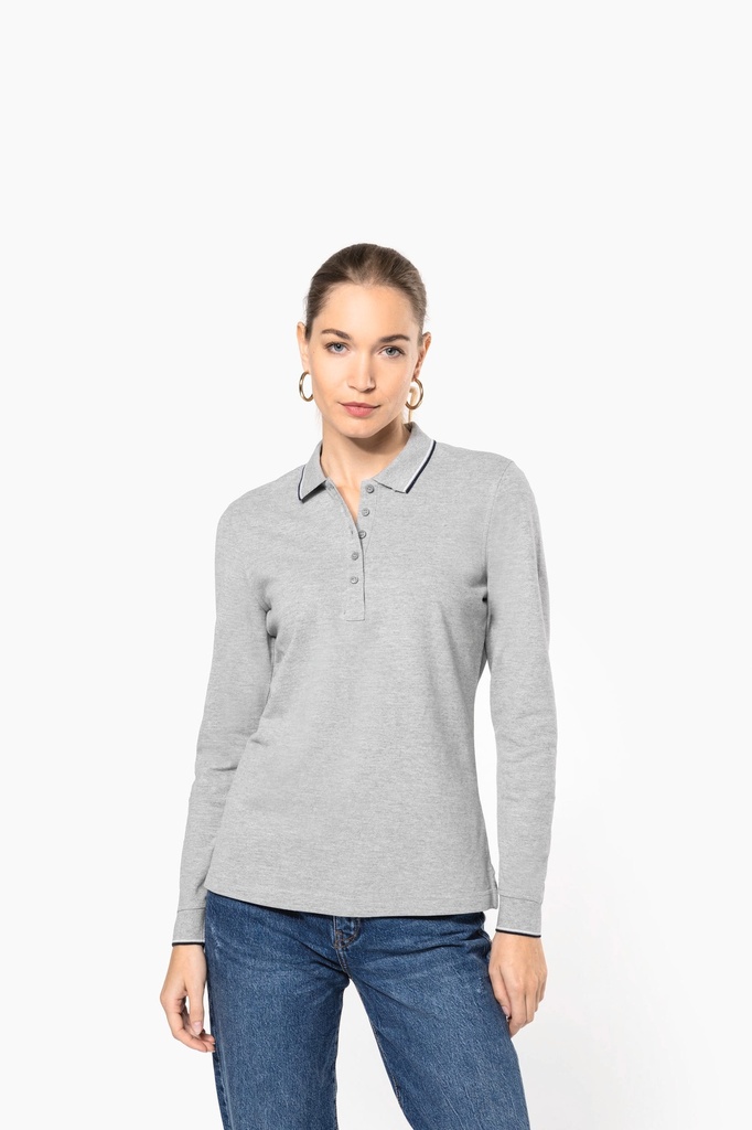 [K281-White_Navy_Red-XS] K281 - Polo maille piquée manches longues femme - White_Navy_Red (XS)