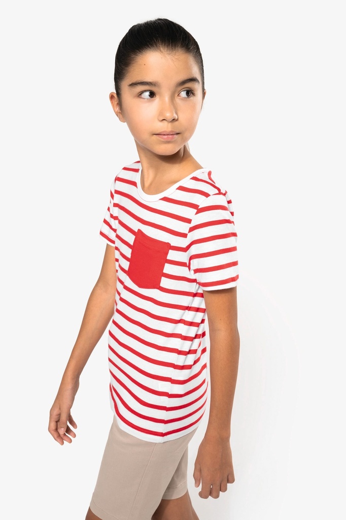 [K379-White_NavyStripes-12/14ans] K379 - T-shirt rayé marin avec poche manches courtes enfant - White_NavyStripes (12/14 ANS)