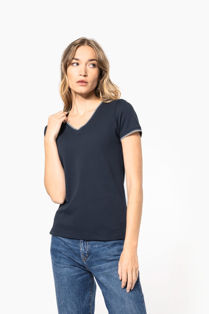 [K394-Black_LightGrey_White-XS] K394 - T-shirt maille piquée col V femme - Black_LightGrey_White (XS)
