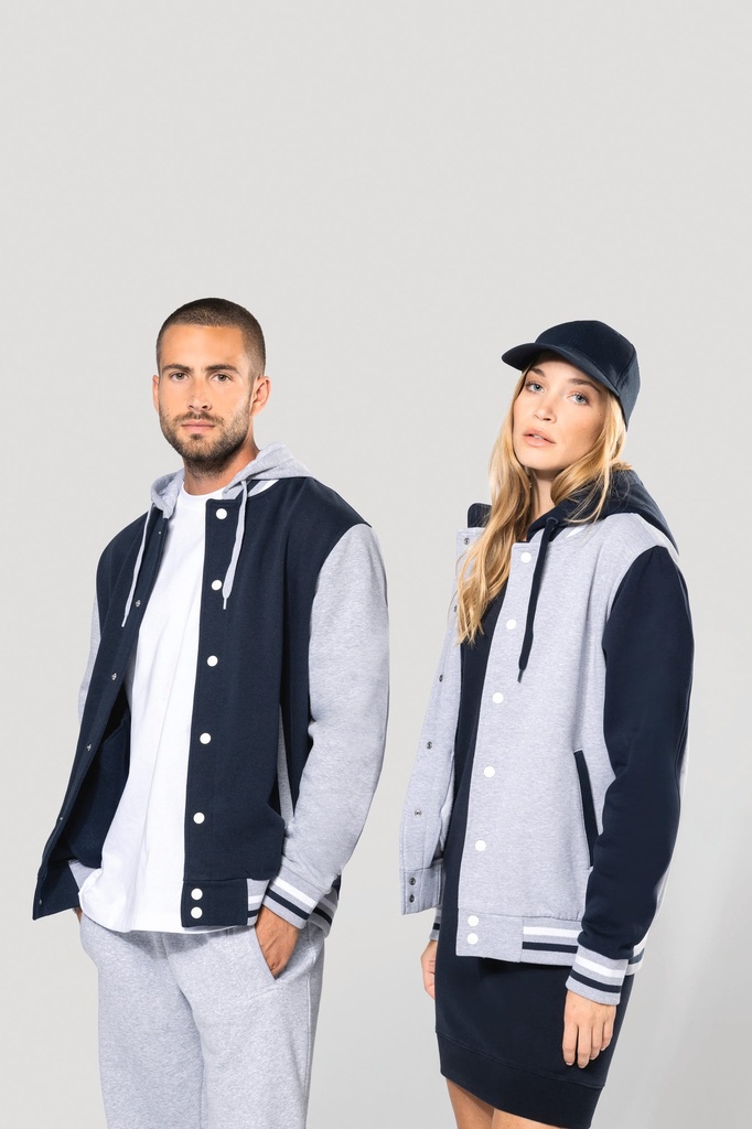 [K4003-OxfordGrey_Navy_White-XS] K4003 - Blouson Teddy à capuche Unisexe - OxfordGrey_Navy_White (XS)