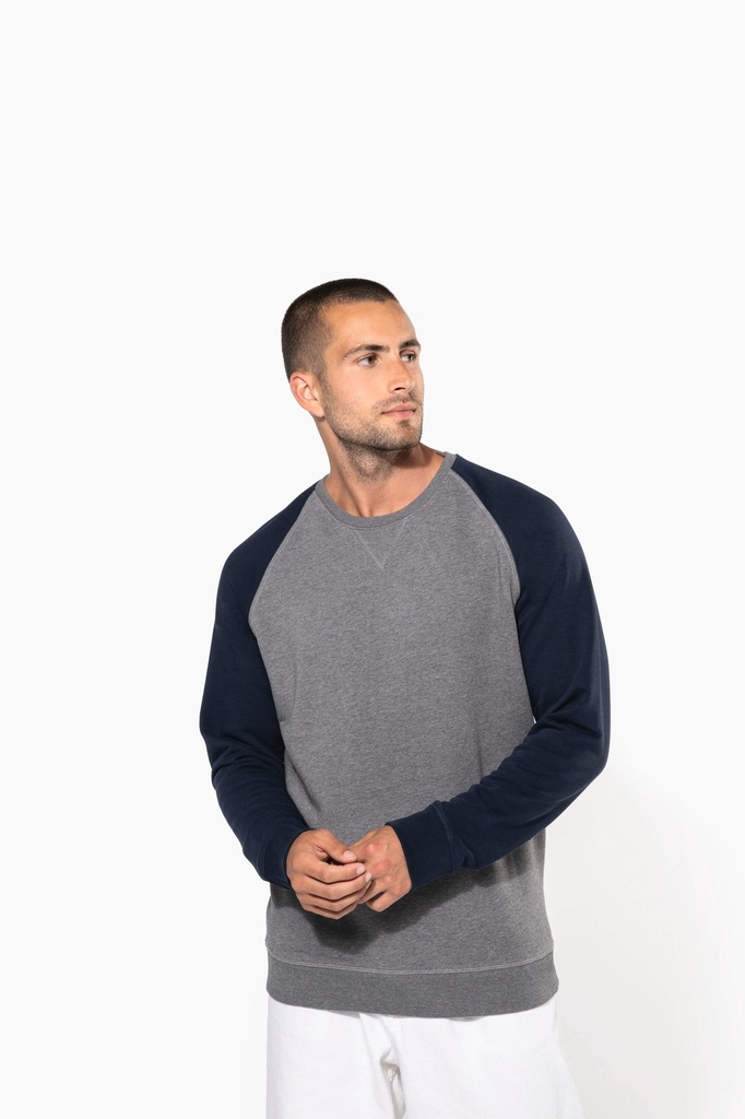 [K491-FrenchNavyHeather_GreyHeather-S] K491 - Sweat-shirt French Terry Bio bicolore col rond manches raglan homme - FrenchNavyHeather_GreyHeather (S)