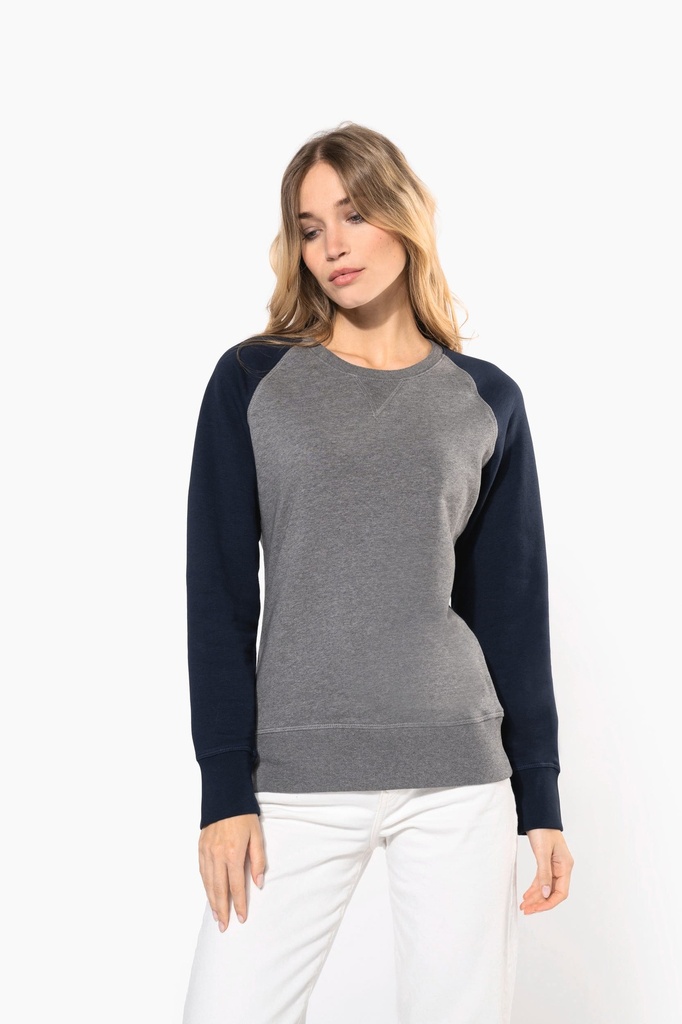 [K492-FrenchNavyHeather_GreyHeather-XS] K492 - Sweat-shirt French Terry Bio bicolore col rond manches raglan femme - FrenchNavyHeather_GreyHeather (XS)