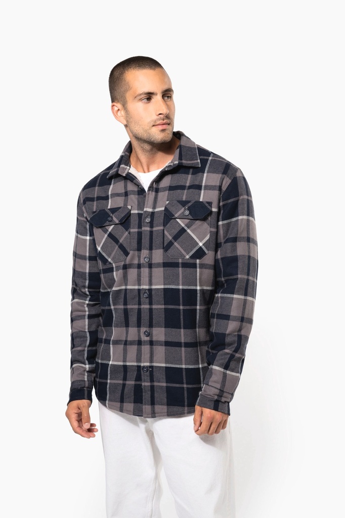 [K579-StormGrey_Navychecked-S] K579 - Surchemise à carreaux doublée sherpa homme - StormGrey_Navychecked (S)
