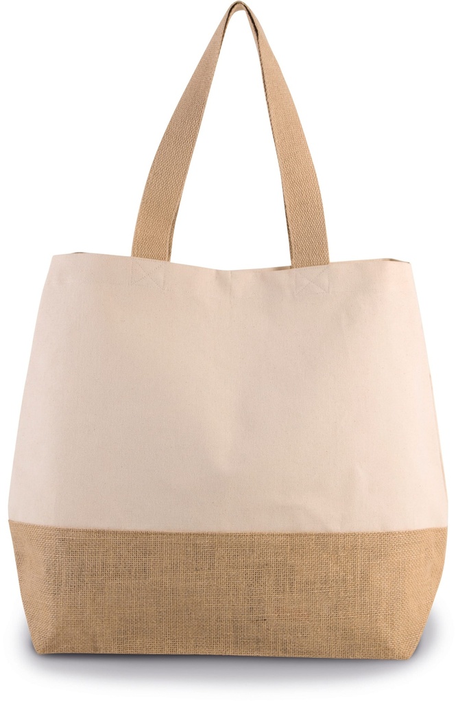 [KI0235-SnowGrey_Natural-OneSize] KI0235 - Sac shopping en toiles de coton et jute - SnowGrey_Natural