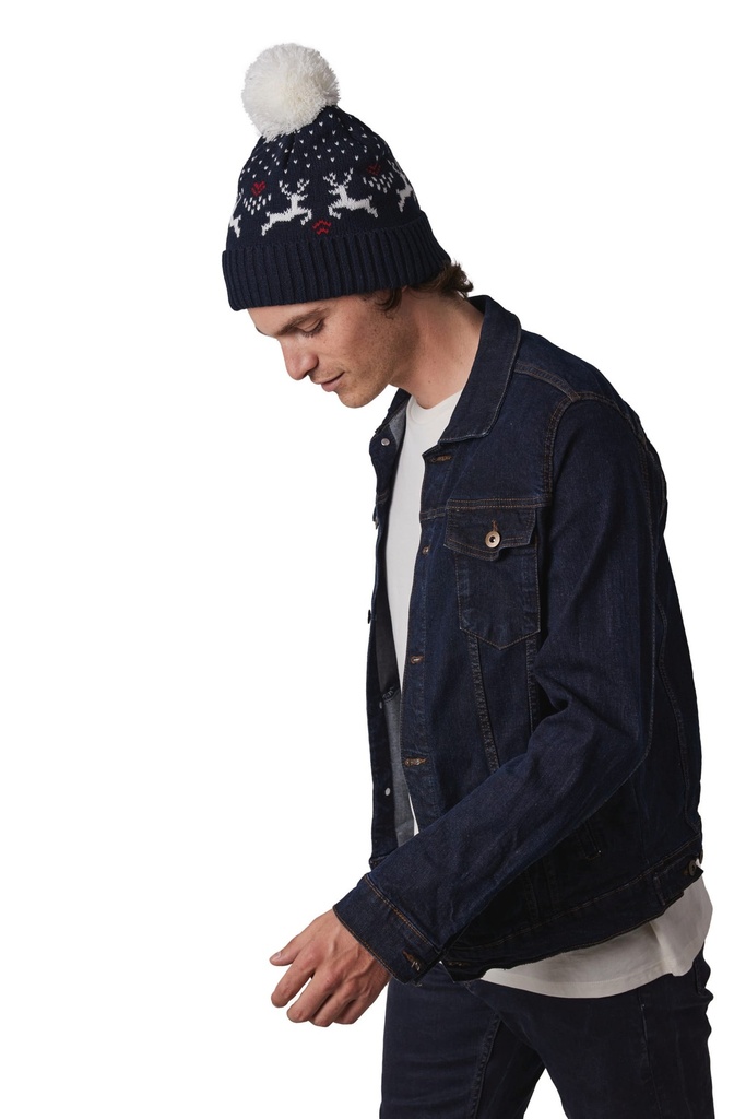 [KP512-Natural_NightNavy-OneSize] KP512 - Bonnet de Noël motifs rennes - Natural_NightNavy