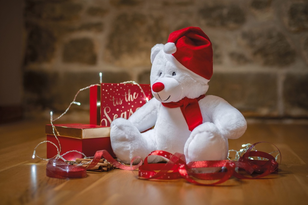 [MM573-White_Red-OneSize] MM573 - Peluche zippée ours de Noël - White_Red