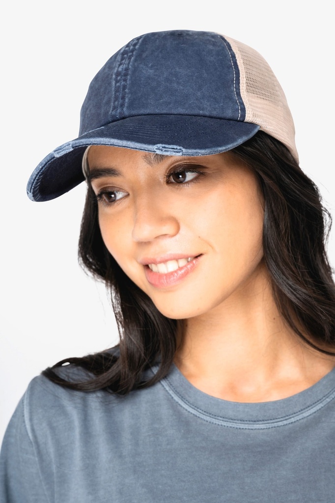 [NS027-WashedOrganicKhaki_Beige-OneSize] NS027 - Casquette trucker écoresponsable  effet déchiré unisexe - WashedOrganicKhaki_Beige