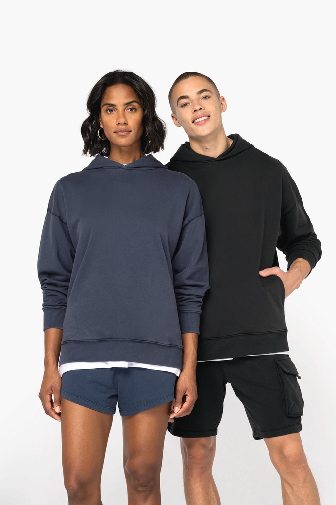 [NS448-WashedNavyBlue-XS] NS448 - Sweat-shirt écoresponsable à capuche délavé oversize unisexe - WashedNavyBlue (XS)