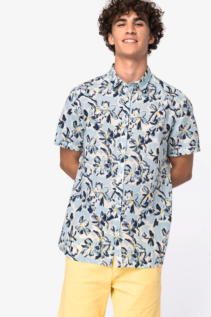 [NS530-IvoryFloralBlue-XS] NS530 - Chemise écoresponsable imprimé végétal homme  - IvoryFloralBlue (XS)