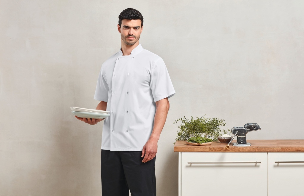 [PR664-White-XS] PR664 - Veste de cuisine manches courtes à boutons pression - White (XS)