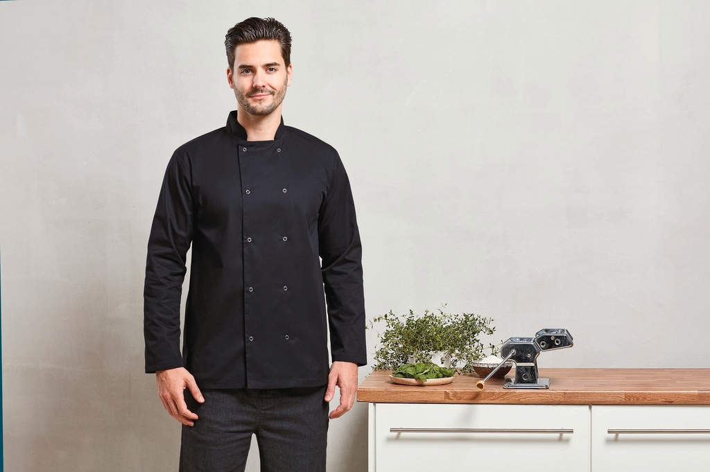[PR665-Black-XS] PR665 - Veste de cuisine manches longues à boutons pression - Black (XS)