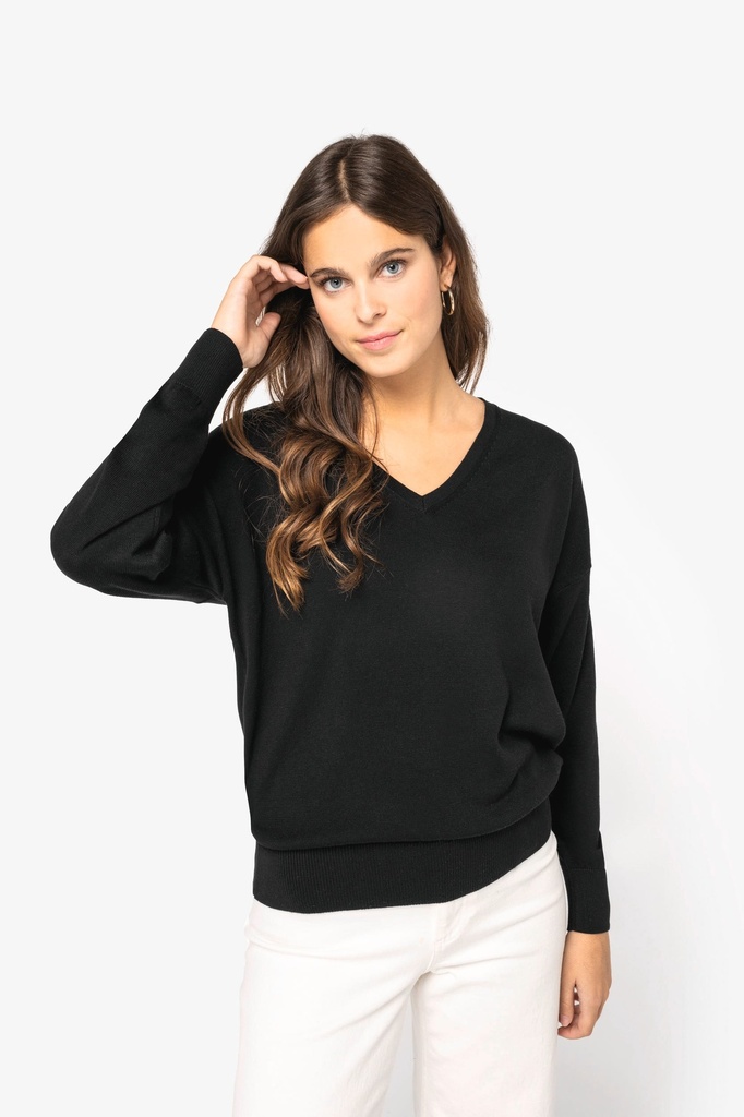 [SP921-NavyBlue-XS] SP921 - Pull écoresponsable col V en lyocell femme  - NavyBlue (XS)