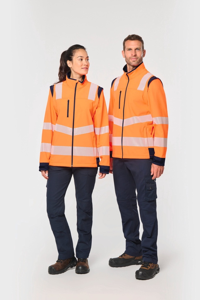 [WK460-HiVizYellow_Navy-XS] WK460 - Veste softshell de sécurité recyclée avec manches détachables unisexe - HiVizYellow_Navy (XS)