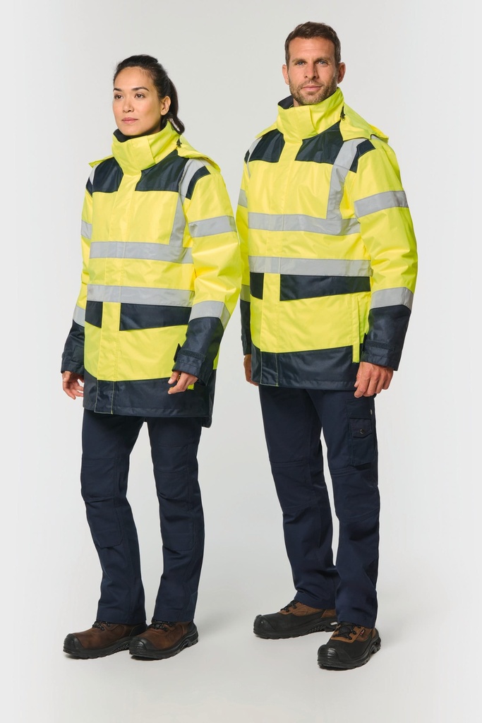 [WK660-HiVizOrange_Navy-XS] WK660 - Parka de sécurité recyclée 4 en 1 unisexe - HiVizOrange_Navy (XS)